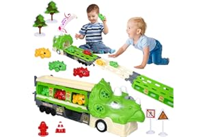 TCTHBC Dinosaur Truck Toys for Kids 3-5, Dinosaur Toys Truck Carrier with 6 Dino Cars 12 Road Sign, Foldable Ejection Race Track Playset with Lights Sounds, Dinosaur Toys Gift for Kids 5-8