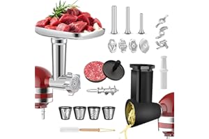 QHH 2 Set Meat Grinder & Cheese Grater Attachment for KitchenAid Stand Mixer, with 4 Grinding Plates, 3 Metal Sausage Stuffer Tubes, 4 Slicer Shredder Attachment, Burger Press and 3 Blades