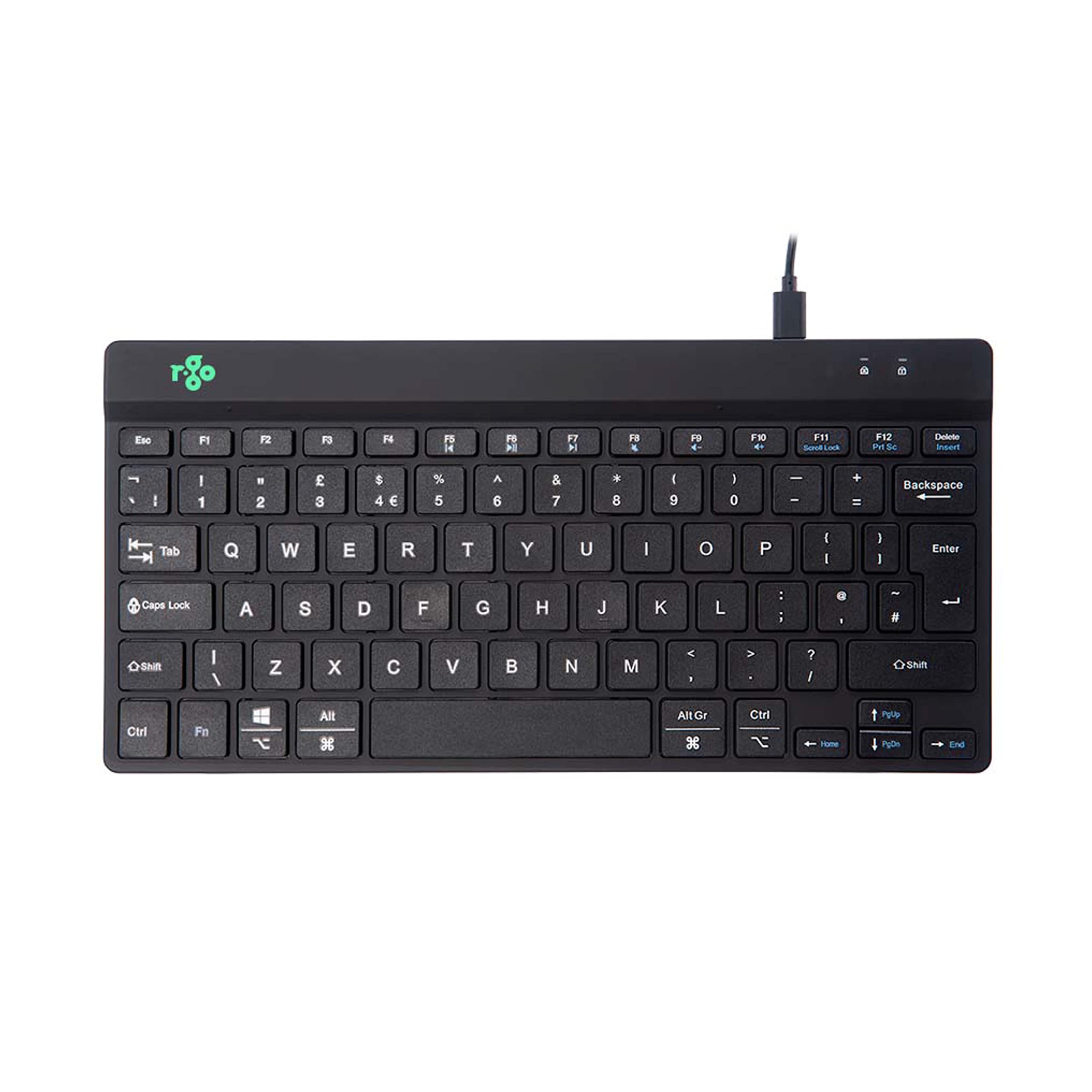 R-Go Tools Compact Break Keyboard - QWERTY (UK layout) - Featuring Break Indicator, Ergonomic Flat design, Wired USB-C/USB-A Connection - Windows/Mac/Linux Compatible