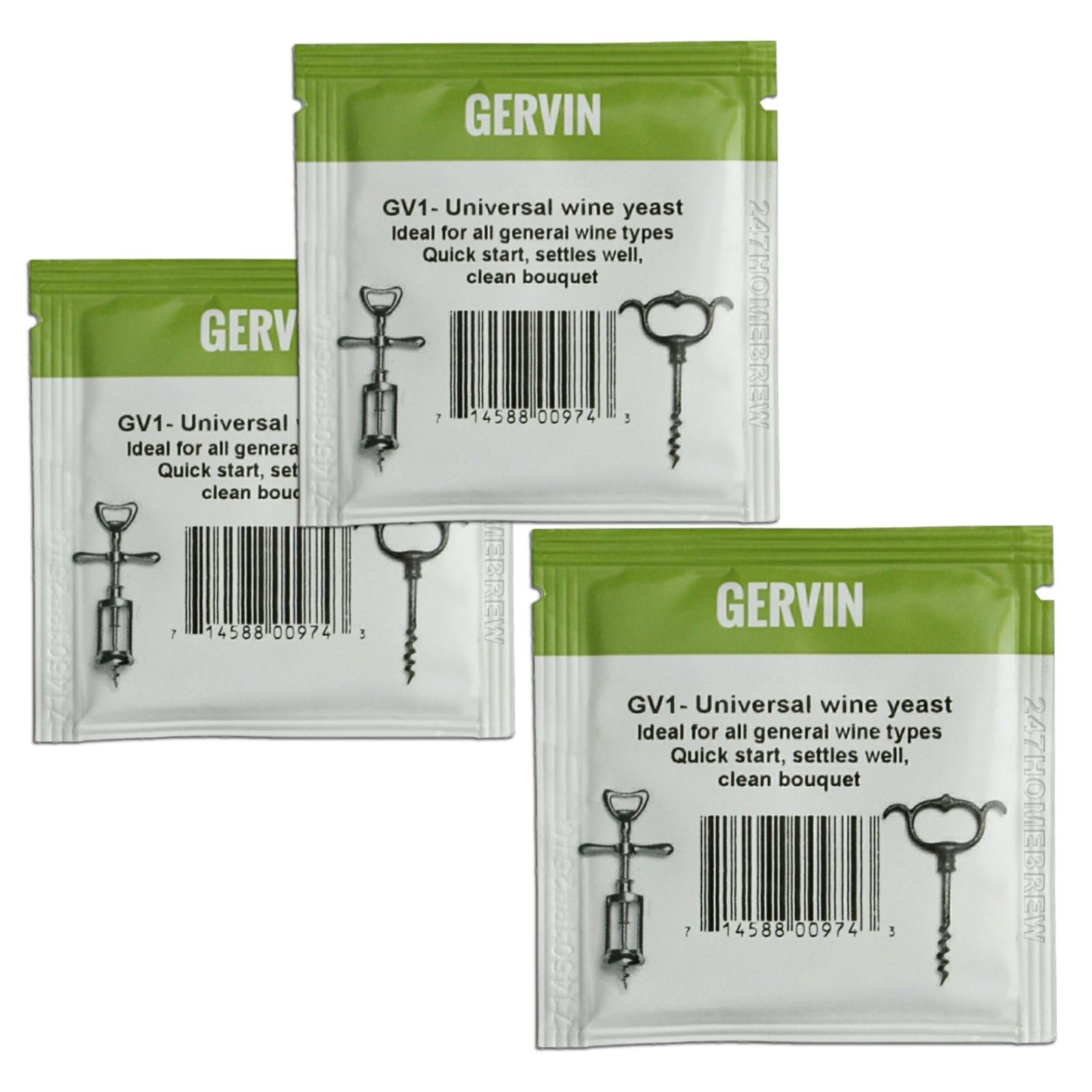 3X Gervin Wine Yeast GV1#1 Green Label General Purpose White & Red 5g 23L