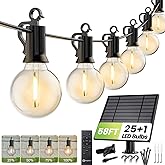Brightown 58FT Solar String Lights Outdoor with Remote Cable Ties Hooks, 26 LED Shatterproof Bulbs, 3 Light Modes, Dimmer & T