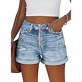 KISSMODA Denim Shorts Women Trendy Button Summer Cut Off Short Womens Jean Shorts High Waisted Denim Hot Ripped Shorts