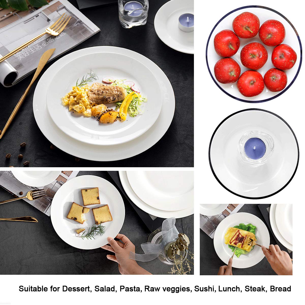 Alt-Gt 7.5 inch Porcelain Dinner Plates Set of 6,Breakfast Lunch Dinner Plates for Bread,Pasta,Dessert,Salad,Sandwiches,White