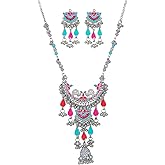 Siddhatva Ethnic Handmade Statement Indian Afghani Silver Oxidized Long Necklace Earrings Jewelry Women