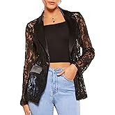 WDIRARA Women's Floral Lace Mesh One Button Lapel Neck Long Sleeve Elegant Jacket Blazer