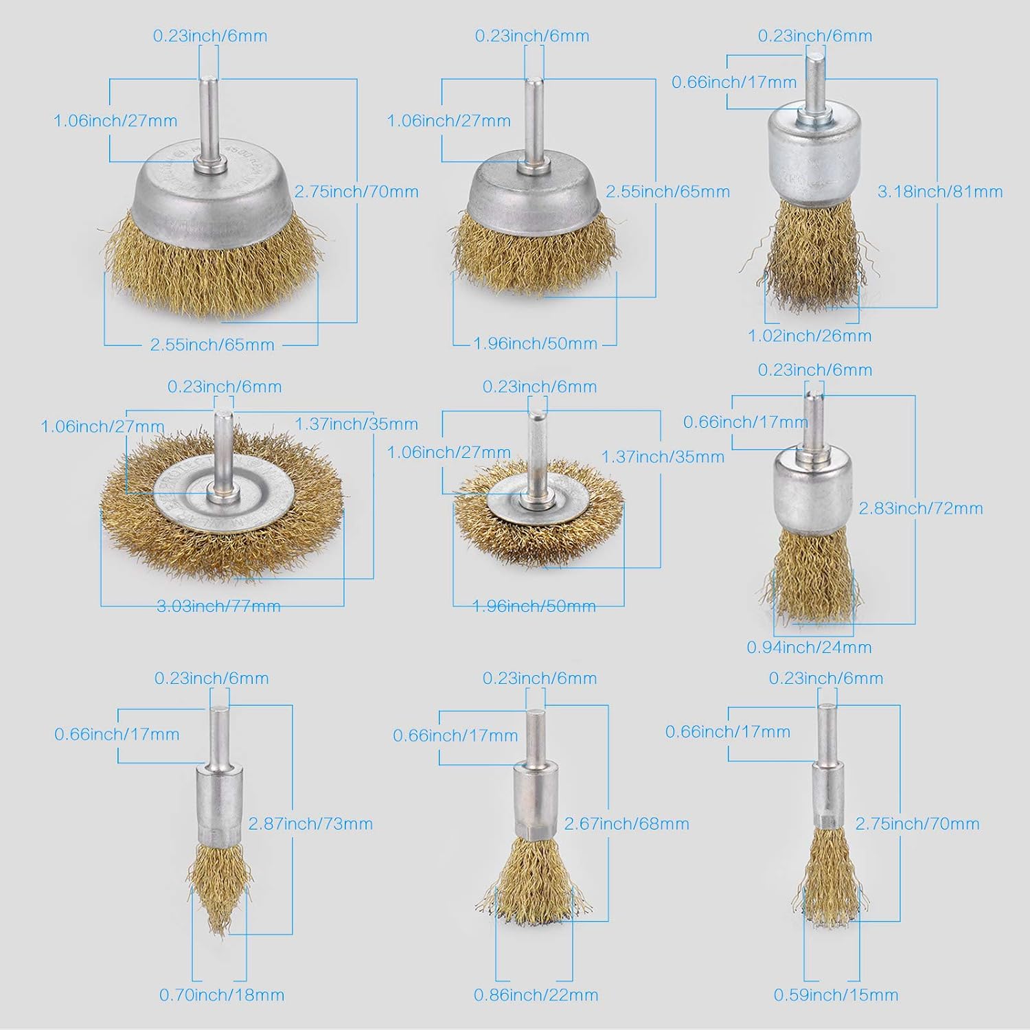 JIZZU 9Pcs Coated Brass Wire Brush Set for Drill,Wire Brush Drill Attachment,Wire Drill Brush for Cleaning Rust,Wire Brush for Paint Removal,Derusting - Image 3