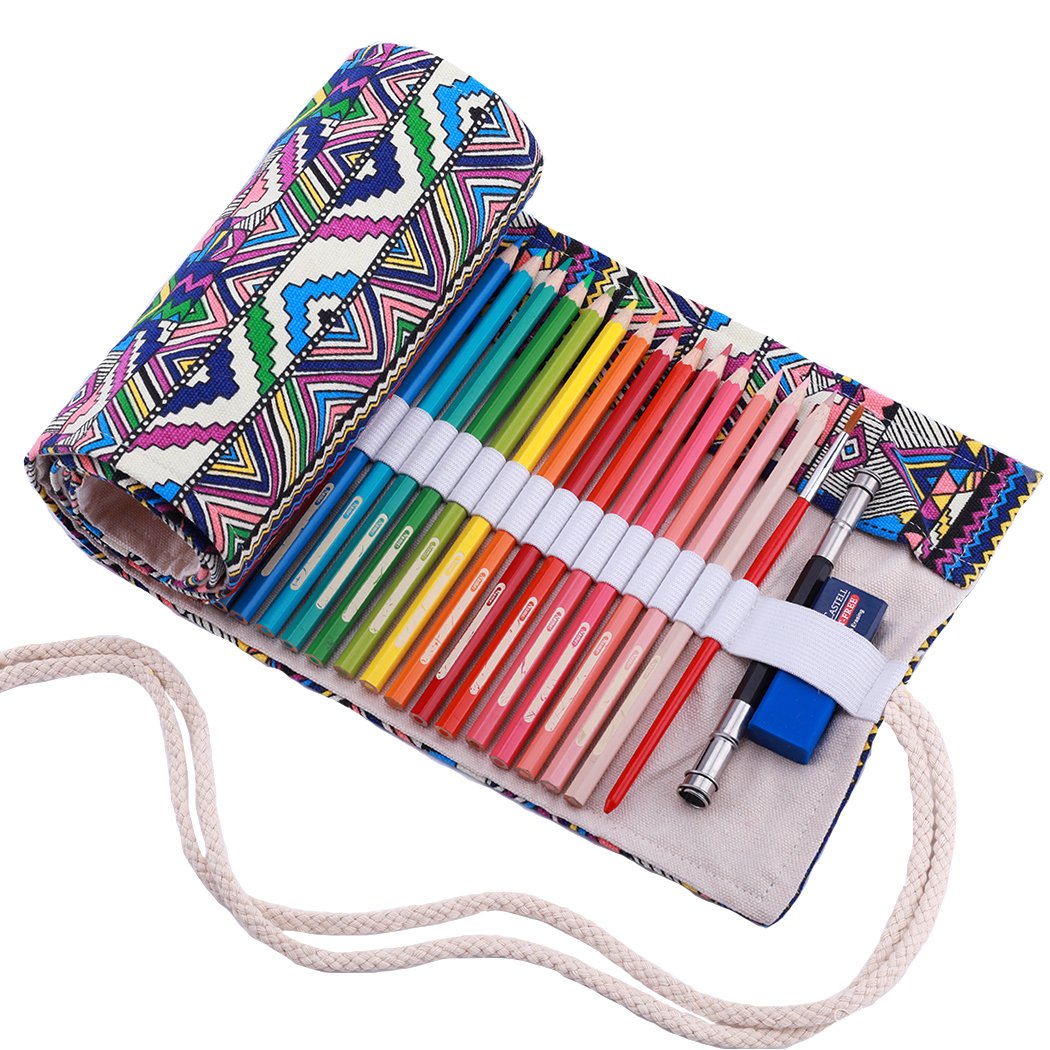 Amoyie Roll Up Pencil Case for 72 Coloured Pencils, Foldable Colouring Pens Organiser Bag, Artist Wrap, Portable Canvas Holder, Purple