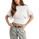 Lumister Shirts for Womens Crewneck Tighten Waist T-Shirt Casual Short Sleeve Workout Tops Solid Color Basic Tees