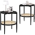 KithKasa Round Wood Side Table Set of 2, Mid Century Modern Black MDF Small End Table with Rattan Storage, 2-Tier Nightstand Bedside Table for Living Room,Bedroom, Small Space
