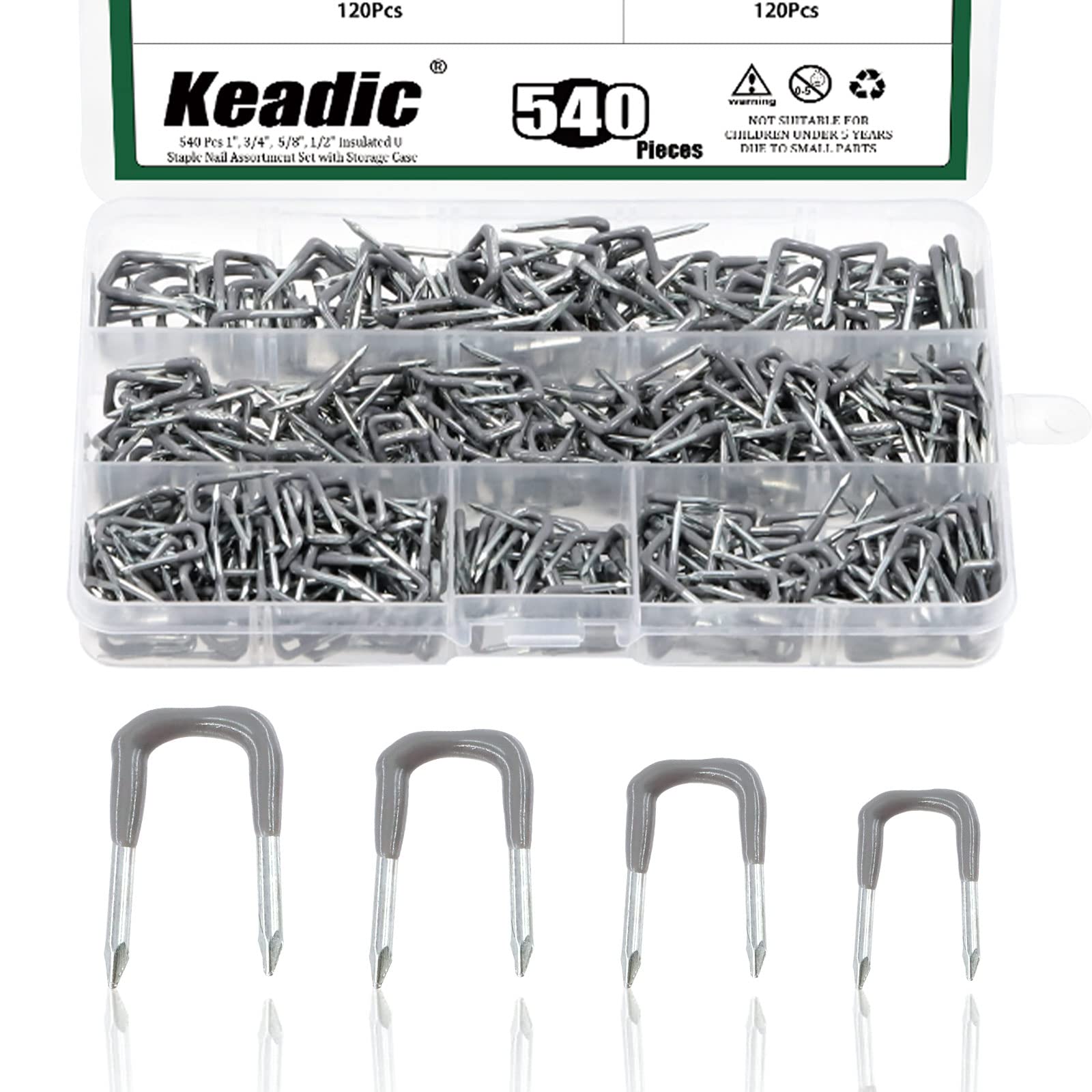 Keadic 540Pcs Insulated U Staple Nail Set (0.82’’ x 0.56’’, 0.69’’ x 0.44’’, 0.64’’ x 0.41’’, 0.67’’ x 0.36’’) with Storage Case, Metal Cable Clip for Fixing Electrical Cord