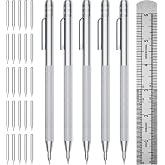 GCHMDE 5-Pack Tungsten Carbide Scriber, Metal Scribe Tool with 25 Replacement Marking Tips &amp; Steel Ruler - Knurled Aluminum Handle &amp; Magnet, Engraving Pen for Glass/Ceramics/Metal Sheet (5)