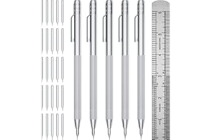 GCHMDE 5-Pack Tungsten Carbide Scriber, Metal Scribe Tool with 25 Replacement Marking Tips & Steel Ruler - Knurled Aluminum Handle & Magnet, Engraving Pen for Glass/Ceramics/Metal Sheet (5)