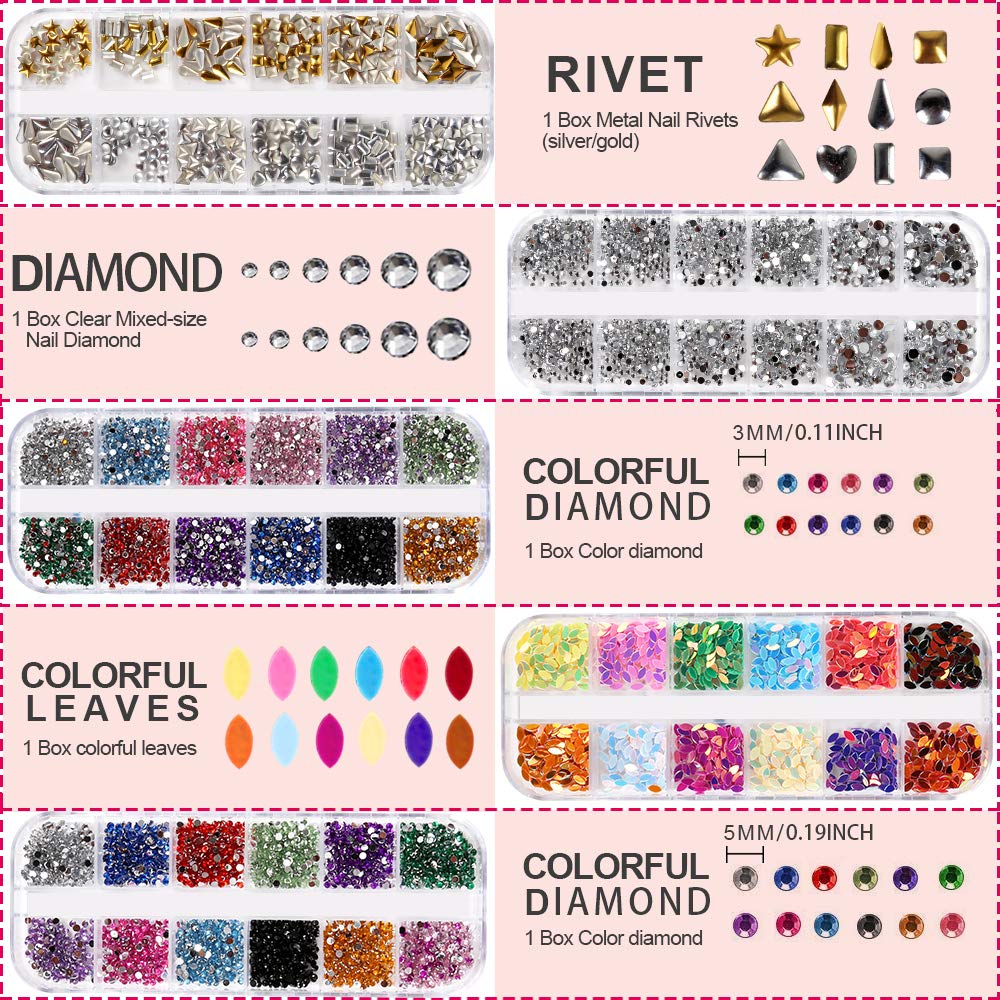 5 box 11440pcs Nails Rhinestones and 36 Pots Foils Flakes, Teenitor professional Nail Decoration with Gems for Nails Stud Foil for Nails Art: Beauty