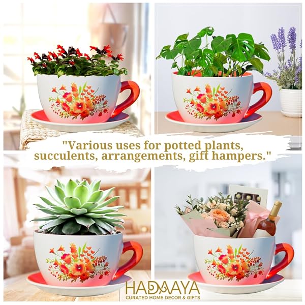 HADAAYA 7.5″ ROUND CERAMIC TEACUP SHAPE PLANTER POT WITH SAUCER FOR SUCCULENTS ORCHIDS HERBS CACTUS INDOOR HOUSEPLANTS FLOWERS FOR VALENTINES DAY GIFT – ORANGE POPPY FLORAL