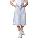 MakeMeChic Girl's Y2k Denim Skirt Elastic High Waisted Jean Midi Skirts with Pocket 8-12 Years