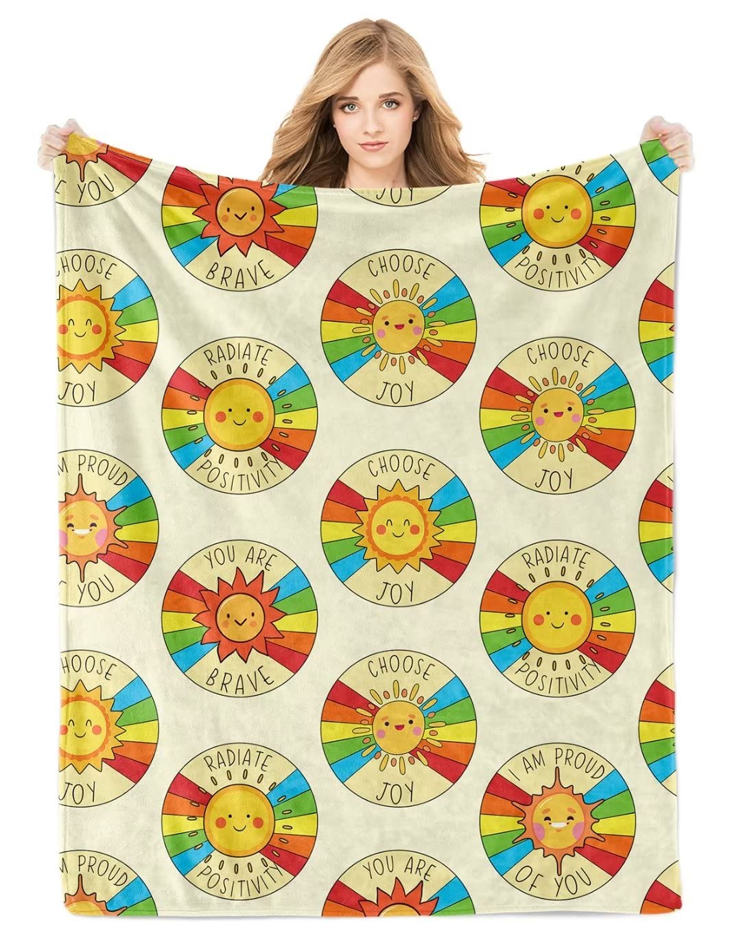 Cheer Up Gifts for Women, Inspirational Radiate Positivity Throw Blankets, Sun Sunshine Positive Flannel Fleece Blanket for Girls, Motivational Support Blanket for Men Best Friend Daughter 140x178 cm