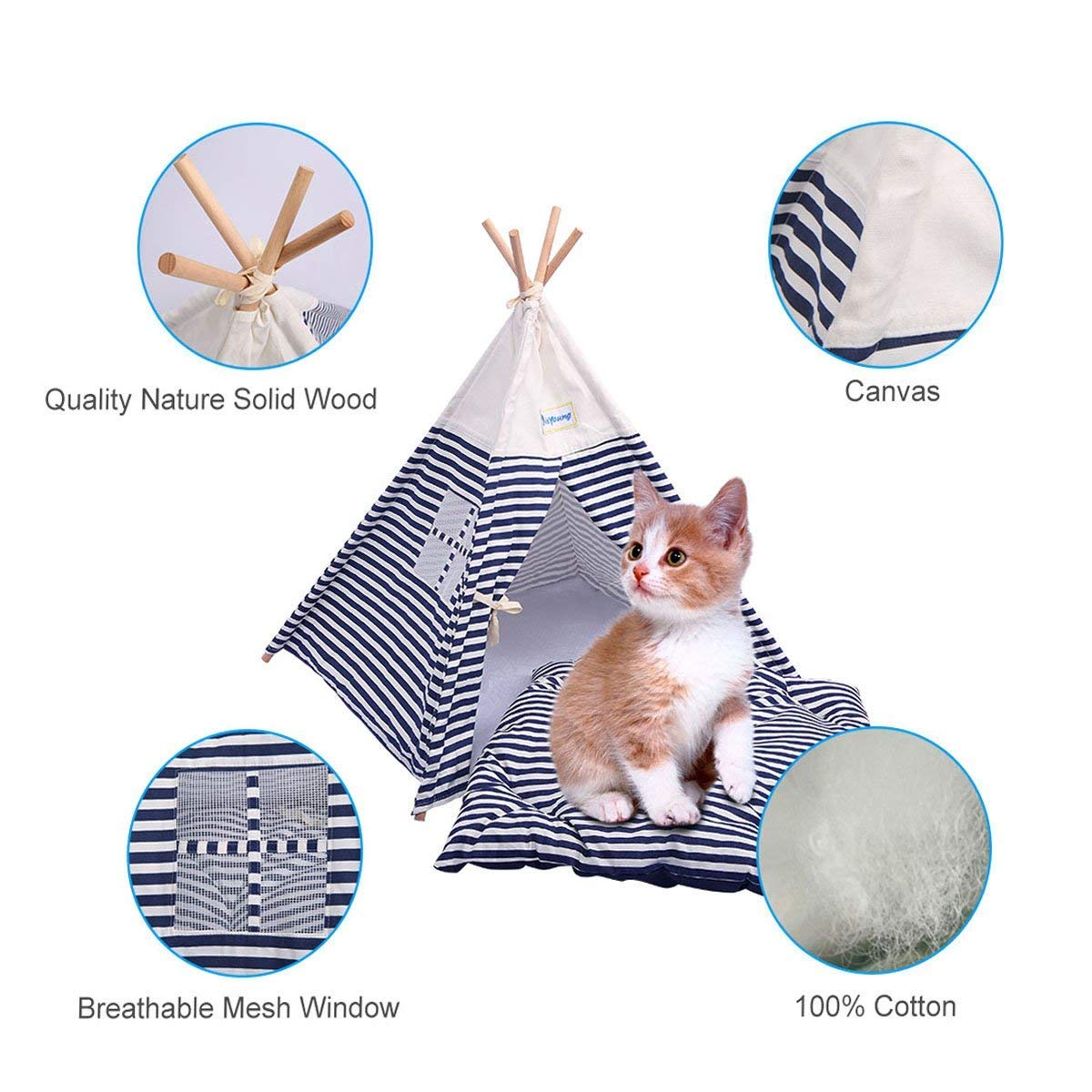 isYoung Pet Tent Bed, Pet Teepee House for Cats and Little Dogs Washable Navy Stripe Style with Breathable Mesh Window - Come with A Mat, Used All Year