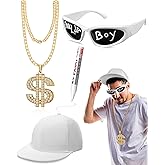 Yahenda 4 Pcs Hip Hop Rapper Costume 2000s 80s 90s Accessories Kit Sunglasses Hat Chain Outfit for Adults