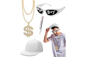 Yahenda 4 Pcs Hip Hop Rapper Costume 2000s 80s 90s Accessories Kit Sunglasses Hat Chain Outfit for Adults