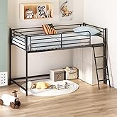 JOYMOR Low Loft Bed with Inclined Ladder, Metal Twin Size Bed Frame with 15&rdquo; High Guardrail for Boys Girls, Junior, Space Saving, Mattress Not Included (Black)