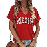 Women Mama Graphic T Shirt Mother Gift Mama Shirt Women Summer Tops Short Sleeve V-Neck Blouses