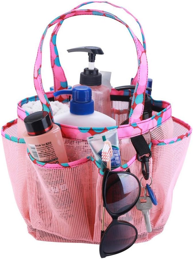 SAISN Mesh Portable Shower Caddy with 7+1 Pocket Bath Organizer Bag Quick Dry Shower Tote Bag Oxford Hanging Toiletry and Bath Accessories for Dorm Camping Gym Swimming (Pink)