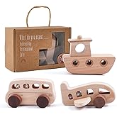 Wooden Cars for Toddlers 1-3, Wooden Vehicles Baby Cars Set with Bus, Airplane and Boat, Montessori Rattle Toys with Rolling Beads, Ideal for Boys and Girls