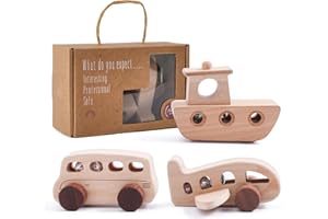 WOODEN TEETHER Wooden Cars for Toddlers 1-3, Wooden Vehicles Baby Cars Set with Bus, Airplane and Boat, Montessori Rattle Toys with Rolling Beads, Ideal for Boys and Girls