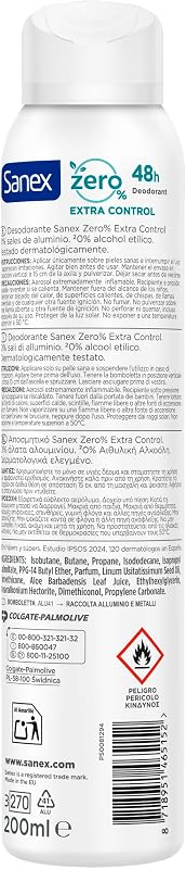 Sanex zero% extra control desodorante spray, embalagem 6 unidades x 200ml, proteção 48h, 0% álcool e 0% sais de alumínio, ingredientes antibacterianos, inibe a formação de odor corporal