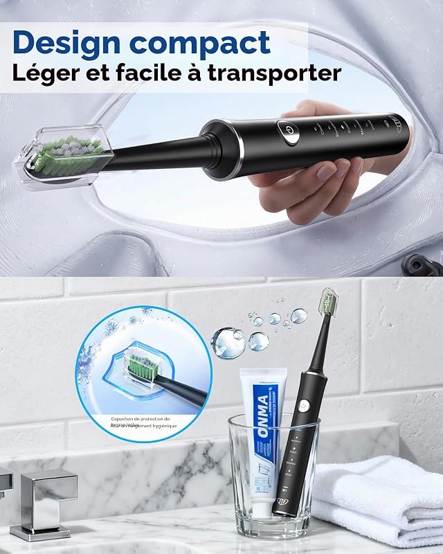 Brosse À Dents Électrique Sonique Pour Adulte – 5 Modes, 45 Jours D’autonomie, 8 Têtes De Brosse, Étanche Ipx7, Minuterie Intelligente, Adaptée Aux Voyages – Brosses À Dents Complet (Noir)