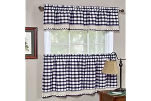 Woven Trends 3-Piece Tier and Valance Set, Window Kitchen Curtains Checkered Plaid Gingham Design, 29W x 24L Inches Farmhouse Tier Panels, Buffalo Cafe Curtain with Swag and Tier Pair Set, Navy