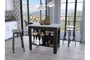 FM FURNITURE Brooklyn Kitchen Island, Black/Ibizar Mar, Surface Color Light Oak- with Three uncovered Shelves. for Kitchen Room