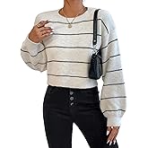 SHENHE Women's Striped Drop Shoulder Crewneck Soft Cropped Sweater Pullover Knit Top