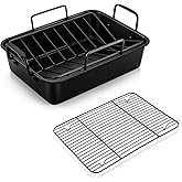 P&P CHEF 14" Roaster Roasting Pan with Baking Rack and V-shaped Rack, Stainless Steel Rectangular Lasagna Pan with Handles for Turkey Chicken, Healthy & Dishwasher Safe, 3 Pieces, Black
