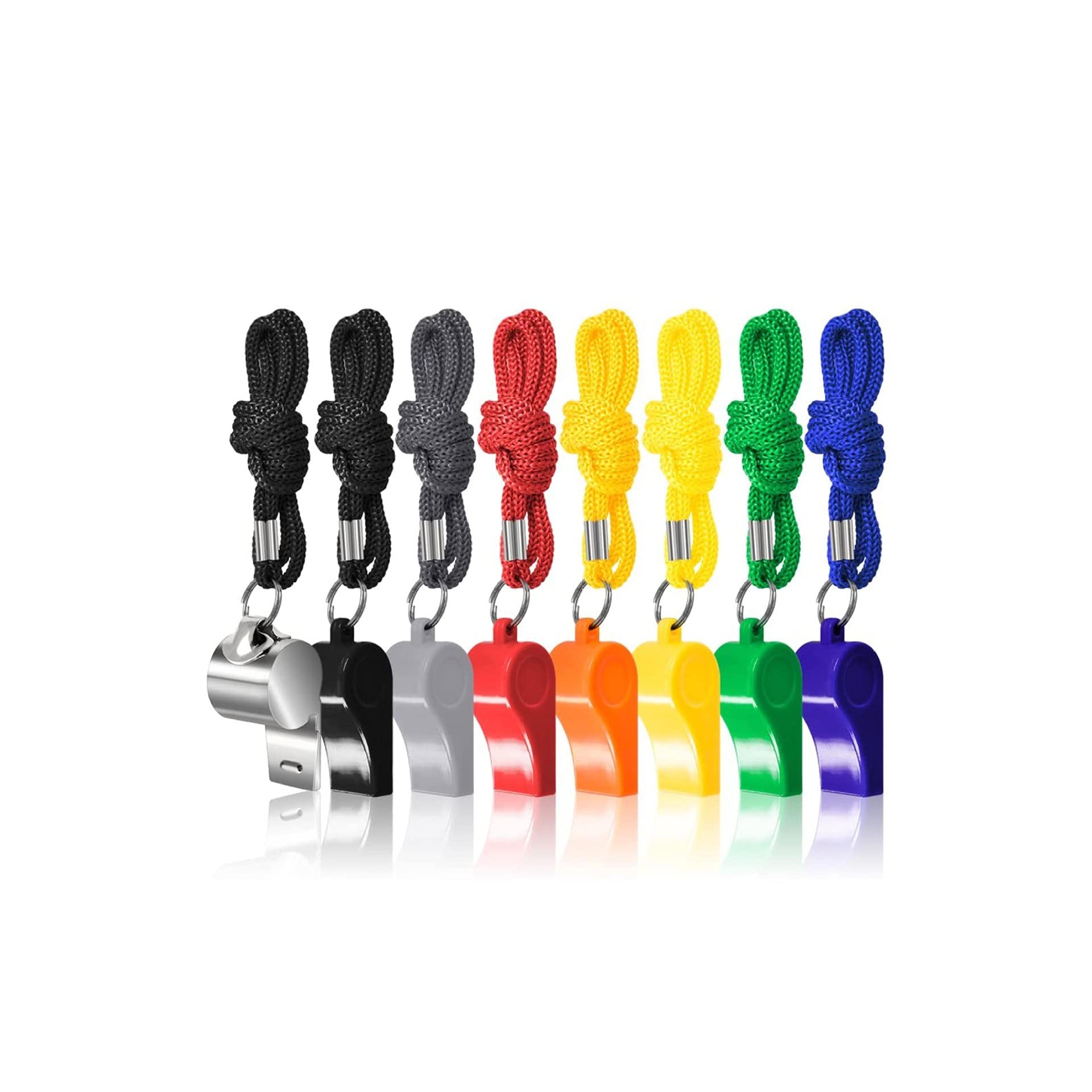 JZK 8 Packs multicolour sports whistle with lanyard set, 6 plastic whistles and 1 metal whistles for coach/referee, training whistles on string for football, swimming