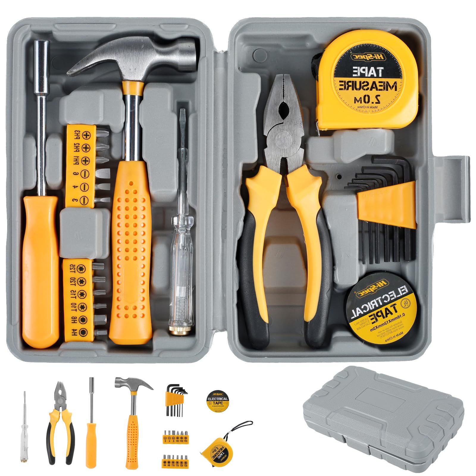 Small Home Tool Kit Set—24Pcs Ladies Tool Kit DIY Hand Tool Home Repair Tool Box Include Hammer Allen Key Set Electrical Tape Screwdriver Test Pen Plier Bits(Yellow)