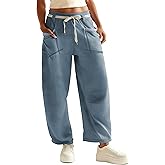 RIATOUR Womens Barrel Pants Drawstring Wide Leg Lounge Sweatpant Casual Baggy Palazzo Pants (Bluegrey-XL)