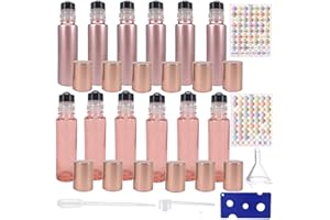 BOXIN 12pack 10ml Roller Bottles for Oils,Perfume Bottles,Roll on Bottle for Essential oils,Rollers Bottle Empty Glass essential oil Rollon Bottles Bulk(6rose gold+6clear pink) With Labels Opener Pipette