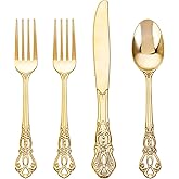 Joyido 200PCS Gold Plastic Silverware - Heavy Duty Elegant Disposable Utensils - Gold Plastic Cutlery Set Includes 100Forks, 50Spoons, 50Knives for Dinner, Parties, Weddings