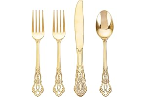 Joyido 40PCS Gold Plastic Silverware - Heavy Duty Elegant Disposable Utensils - Gold Plastic Cutlery Set Includes 20 Forks, 10 Spoons, 10 Knives for Dinner, Parties, Weddings