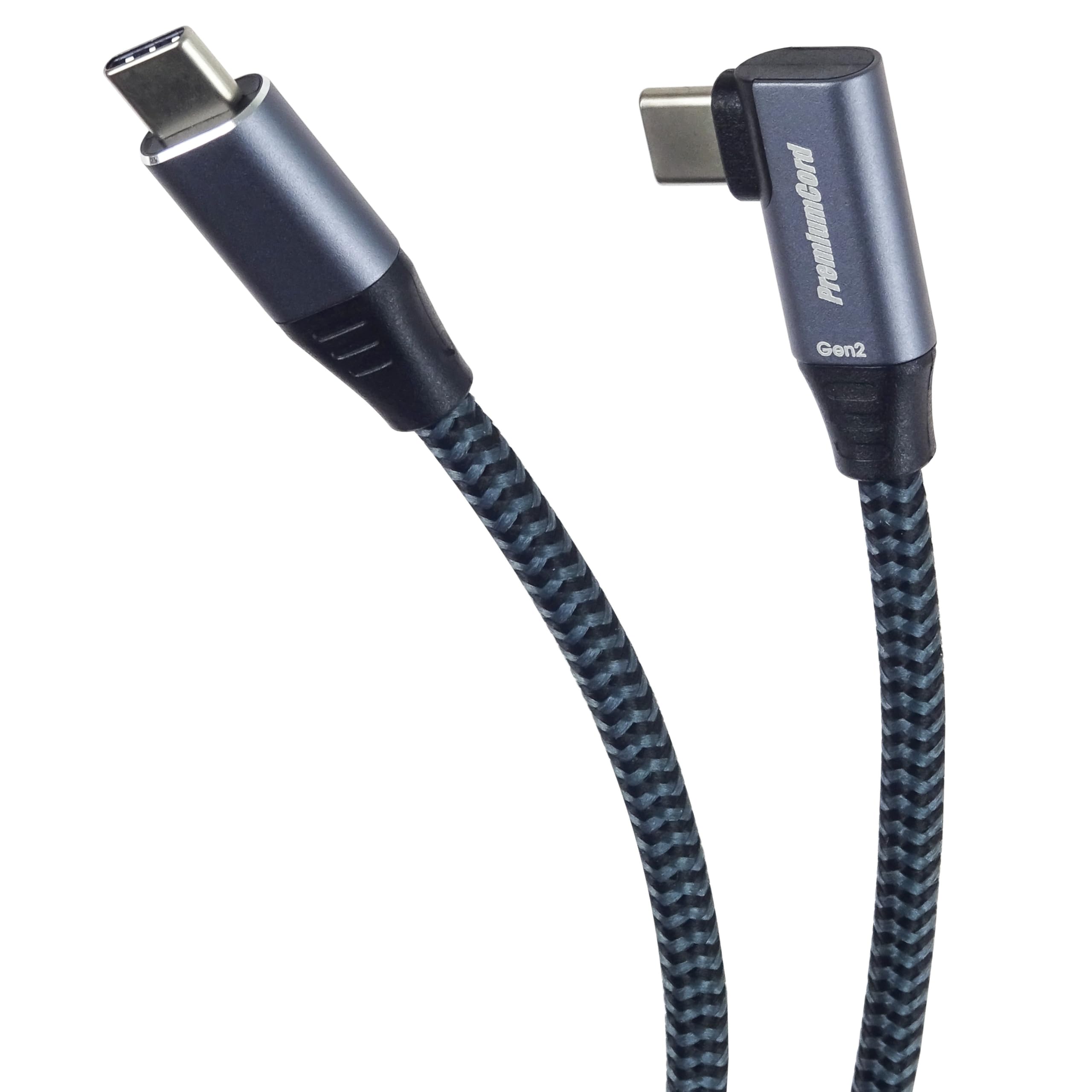 PremiumCord USB-C 3.2 Gen 2x2 Connection Cable with Curved Plug, Data Cable SuperSpeed up to 20 Gbit/s, Charging Cable up to 5A, USB 3.2 Generation 2 x 2 Type C Plug, Colour Black/Grey, Length 2 m