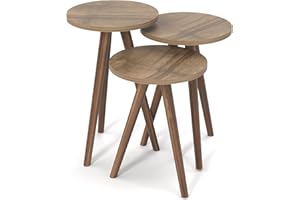 MOOGCO Round Nesting Set of 3, Modern Woodgrain Look with Black Base for Living Room Coffee Tables or Nightstands - Side End Table (Walnut Wood Design, Round-Wood Leg)