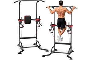 Dskeuzeew Power Tower Pull Up Bar Station for Home Gym Strength, 450LBS Pull Up Dip Station Assistive Trainer Height Adjustable with Elastic Ropes, Pull Up Bar Free Standing Heavy-Duty Fitness Equipment