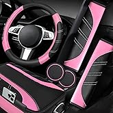 NBTEPEM 6 Pcs Pink Car Accessories Set, Sport Leather Steering Wheel Cover 14.5-15inch Universal, Microfiber Leather Car Center Console Cover, Seat Belt Cushion, Cup Holder Coaster (Black-Pink)