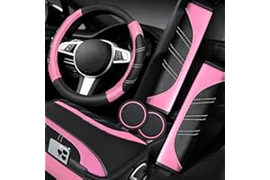 NBTEPEM 6 Pcs Pink Car Accessories Set, Sport Leather Steering Wheel Cover 14.5-15inch Universal, Microfiber Leather Car Center Console Cover, Seat Belt Cushion, Cup Holder Coaster (Black-Pink)