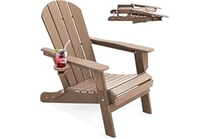 LOUNZY Folding Adirondack Chair with Cup Holder, HDPE All-Weather Folding Patio Chair, Outdoor Patio Adirondack Chair for Lawn Porch Garden Backyard Deck Fire Pit, Brown
