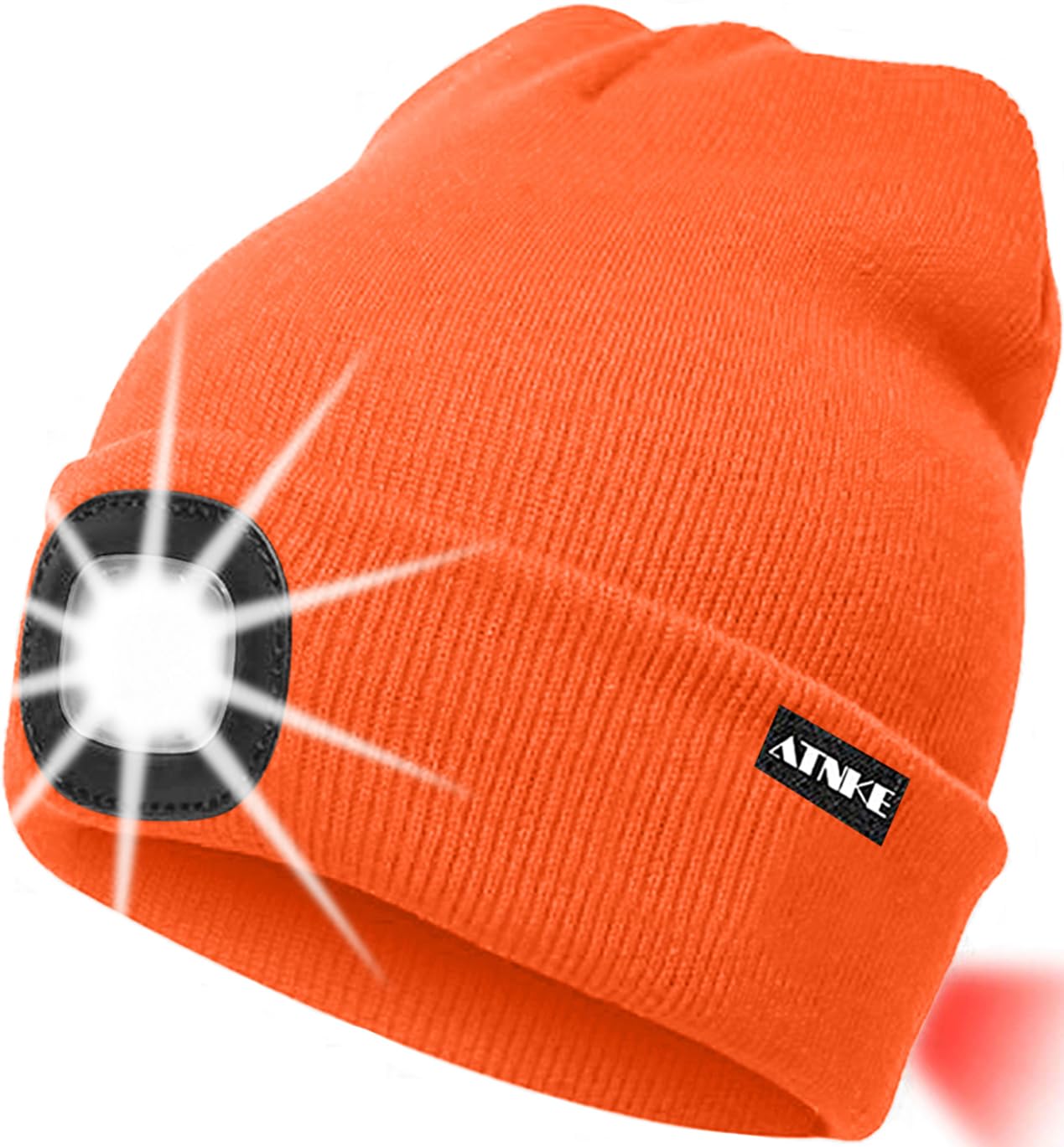 ATNKE 8LED Lighted Knit Hat,USB Rechargeable Running Headlamp Cap Ultra Bright Waterproof Light Lamp and Flashing Alarm Red Tail Light Multi-Color/Bright Orange