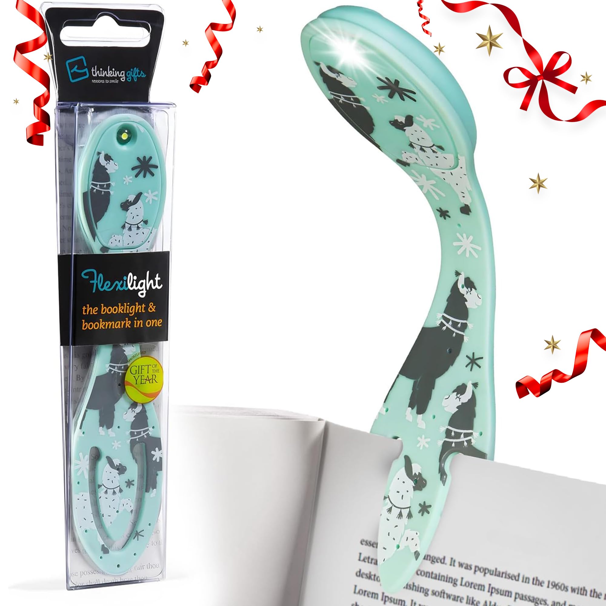 Gifts for Readers & Writers Book Light, Clip On Reading Light for Bed, 2in1 Flexilight & Bookmark, Small & Lightweight with a Soft Glow, 2 Batteries Included, Llama