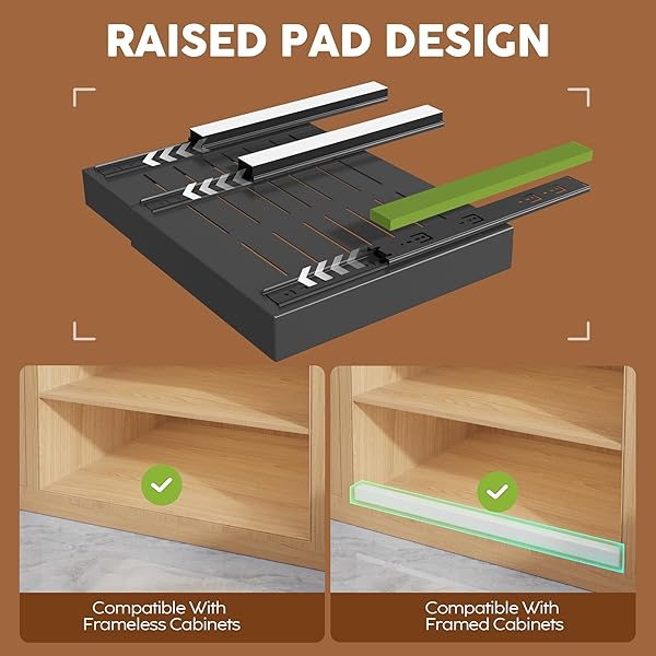 SEINLOES 4 PACK EXPANDABLE WIDTH (15.15″-26.3″) PULL OUT CABINET ORGANIZER 21″ DEEP WITH RAISING PAD FOR FRAMED CABINETS, UPGRADE 3 SLIDE RAILS SLIDE OUT DRAWERS, ROLL OUT SHELVES ADHESIVE, BLACK