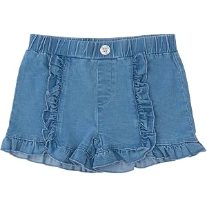RuffleButts Girls Stretch Denim Ruffle Trim Shorts - Denim Shorts | 98% Cotton 2% Spandex, Elastic Waistband, Lightweight Fab